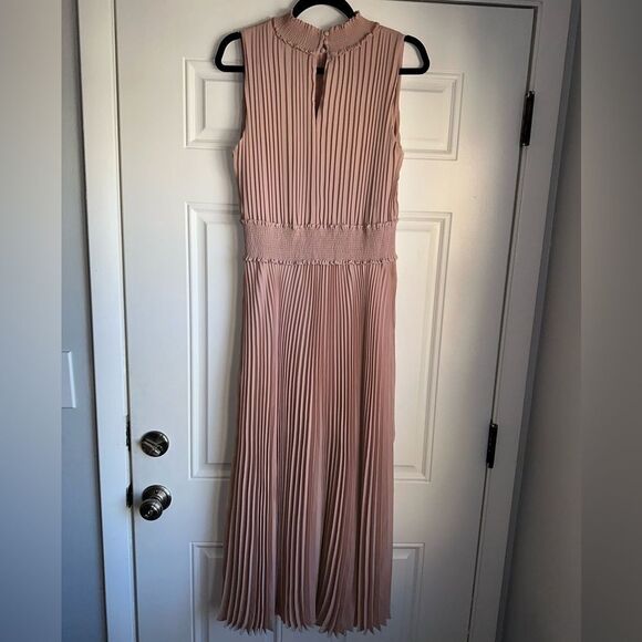 NANETTE LEPORE pink PLEATED SLEEVELESS DRESS high neck size 12 midi smocked - Picture 3 of 5